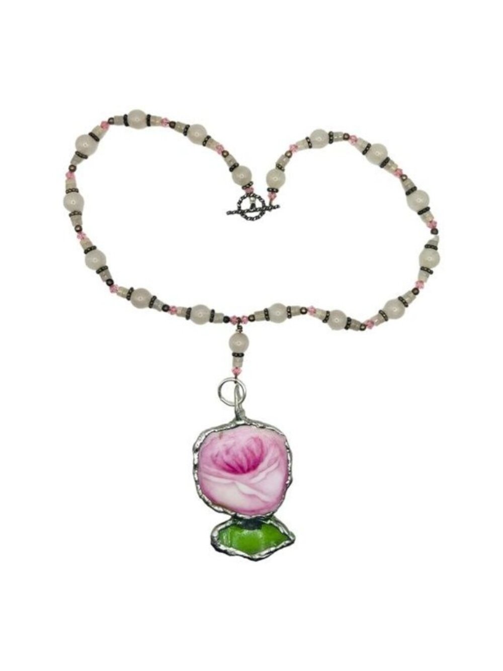 Pink Rose Broken China & Sea Glass Pendant | Pink Quartz Necklace | Alma Antigua - Picture 9 of 11